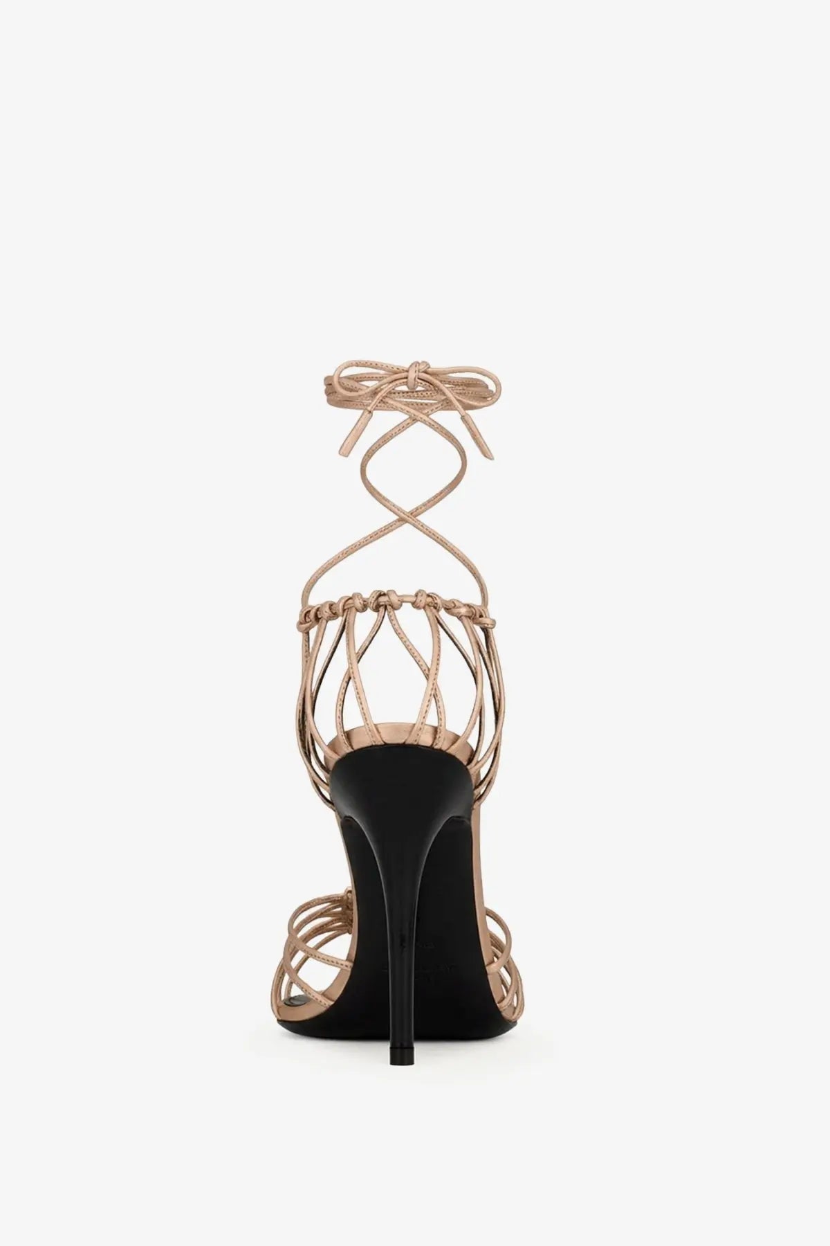 Saint Laurent women’s babylone rose gold leather strappy high heel sandal with black sole and ankle tie