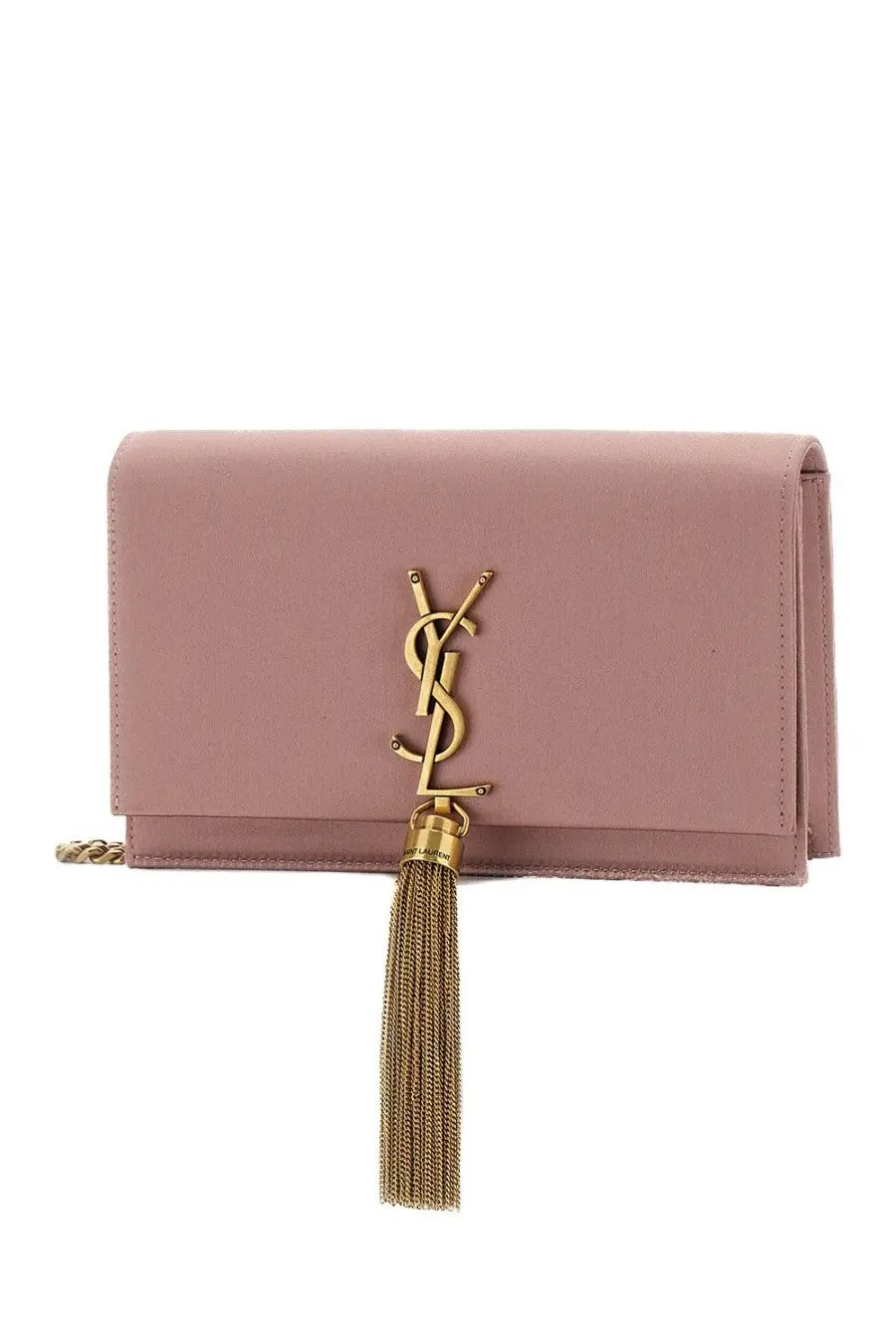 Saint Laurent women’s dusty rose clutch bag with gold-tone YSL logo and matching tassel from the Kate Cassandras Blue line
