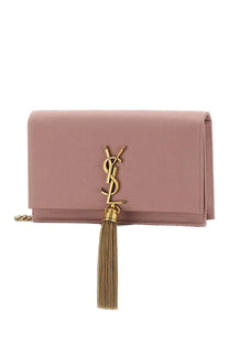 Saint Laurent women’s dusty rose clutch bag with gold-tone YSL logo and matching tassel from the Kate Cassandras Blue line