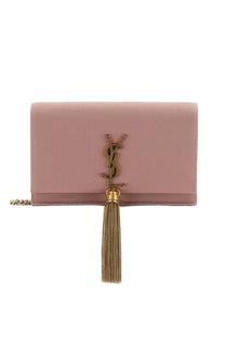 Saint Laurent women’s pale pink leather clutch with gold-tone YSL logo and matching tassel from the Kate Cassandras line