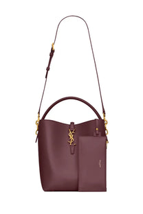 Saint Laurent women’s the bag red burgundy leather bucket bag with gold hardware and detachable shoulder strap featuring ysl logo