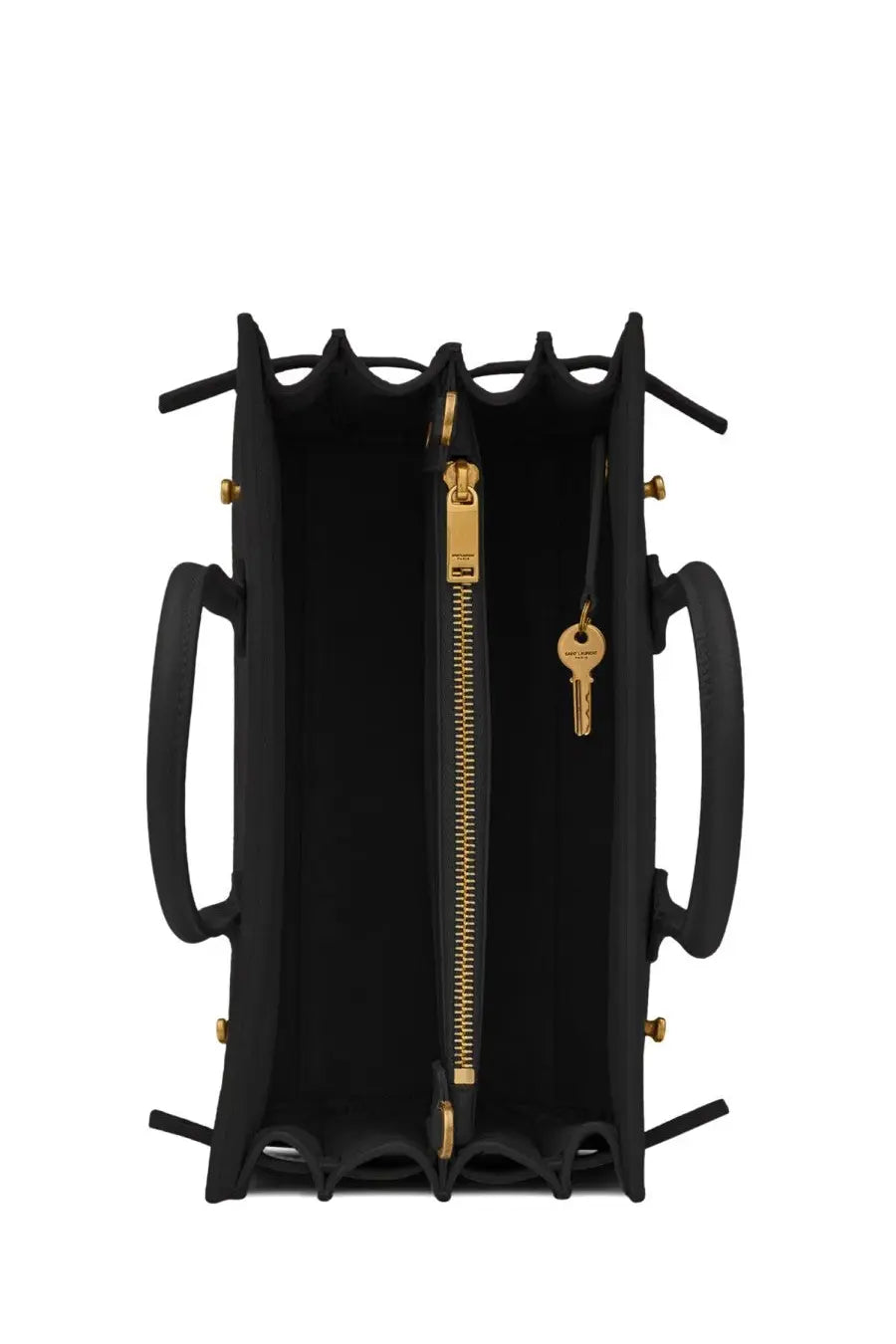Saint Laurent women’s sac de jour baby black leather handbag with structured scalloped edges and gold-tone hardware