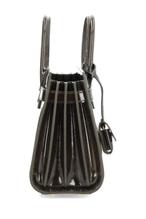 Saint Laurent women’s sac de jour nano green handbag in black patent leather with structured pleated design and metallic hardware