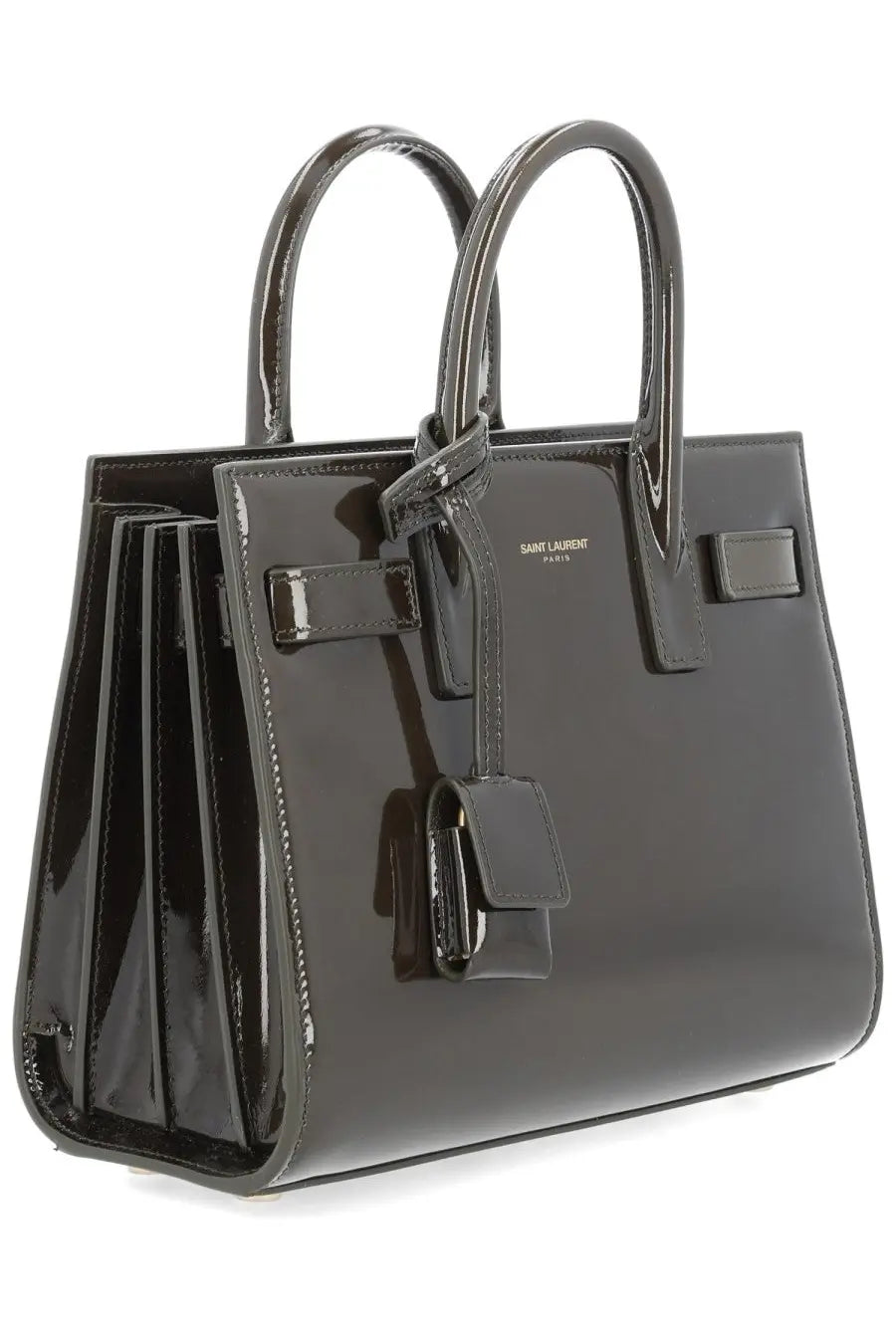 Saint Laurent women’s black patent leather sac de jour nano handbag with structured design and top handles