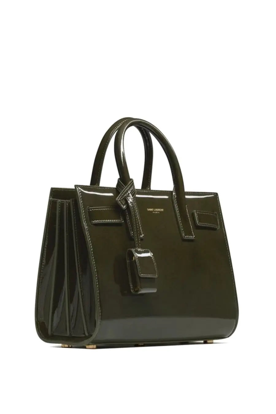 Saint Laurent women’s sac de jour nano bag in olive green patent leather with structured design and signature top handles