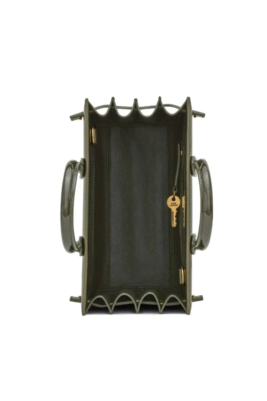 Saint Laurent women’s sac de jour nano green olive patent leather handbag with scalloped edges and gold hardware accents