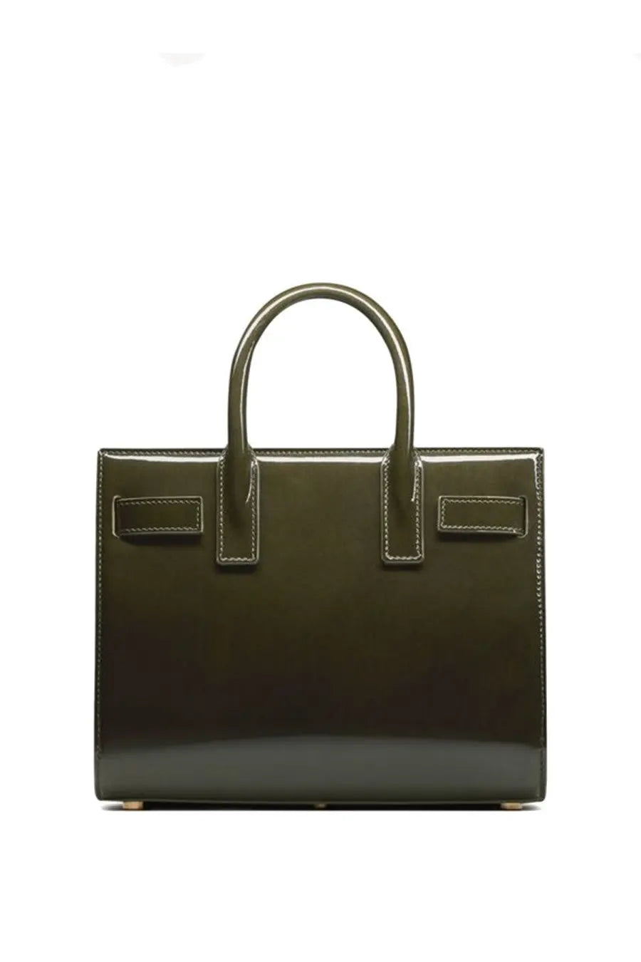 Olive green patent leather saint laurent sac de jour nano handbag with structured rectangular shape and top handles