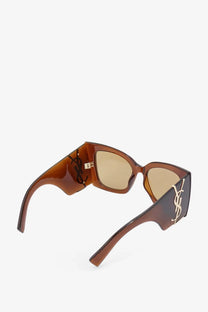 Saint Laurent women’s blaze crystal brown acetate sunglasses with gold-tone YSL logos on temples and lenses