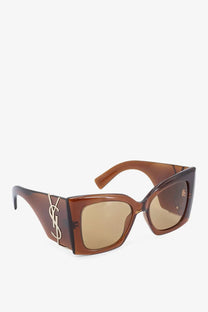 Saint Laurent women’s blaze crystal brown tortoiseshell acetate sunglasses with gold-tone YSL logo on the temple