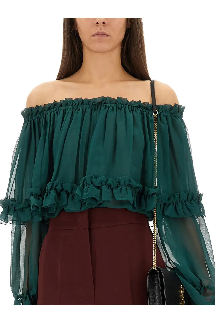 Saint Laurent women’s emerald green off-the-shoulder silk blouse with layered ruffles and sheer mesh sleeves