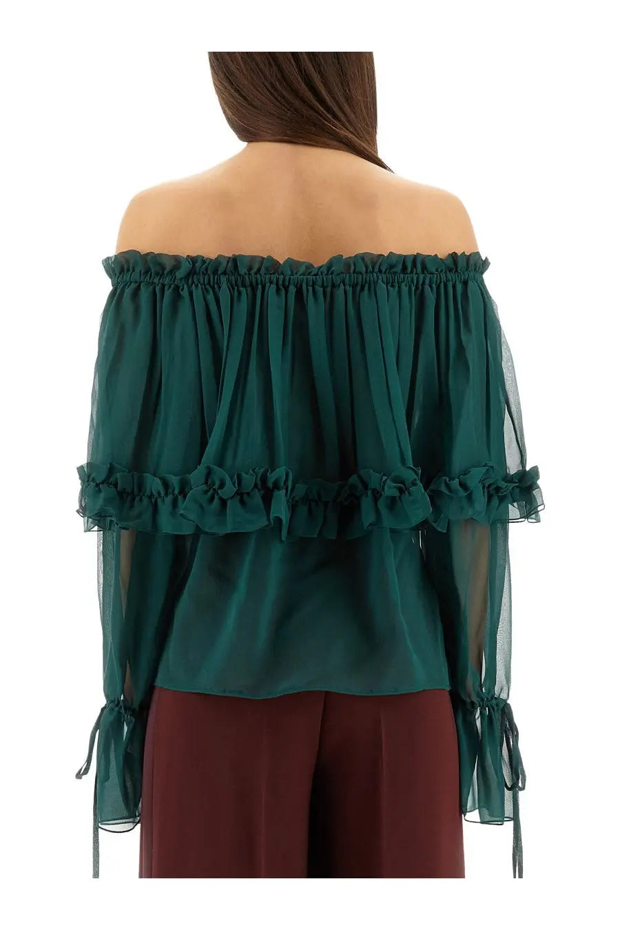 Saint Laurent women’s silk emerald green off the shoulder blouse with layered ruffles and sheer long sleeves