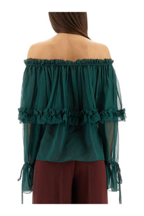 Saint Laurent women’s silk emerald green off the shoulder blouse with layered ruffles and sheer long sleeves