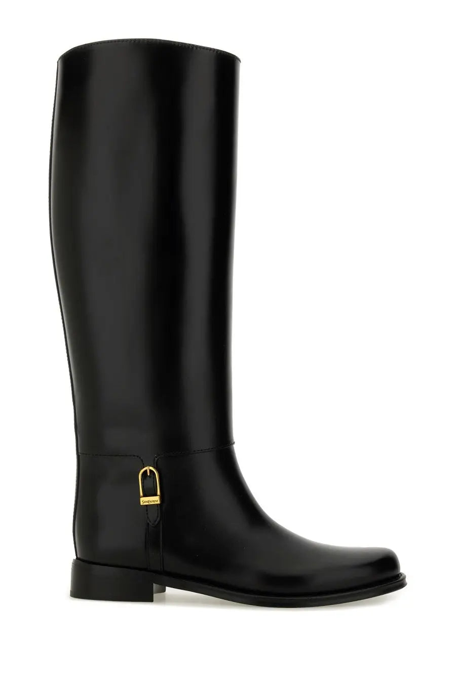 Saint Laurent women’s boot horny black black leather riding boot with gold tone buckle at the ankle