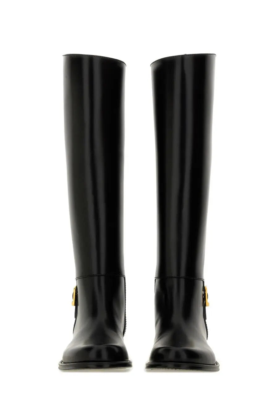 Saint Laurent women’s horny black knee-high boots in patent leather with gold-tone buckle accents