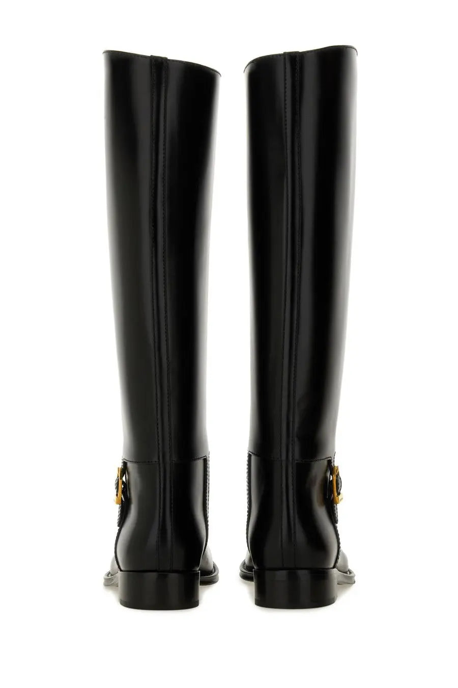 Saint Laurent women’s horny black knee-high boots in black patent leather with gold-tone buckle details