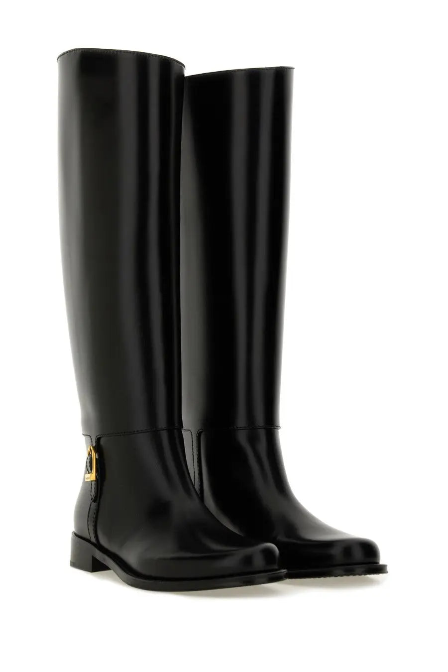 Saint Laurent women’s horny black knee-high boots in patent leather with gold-tone lock detail at the side