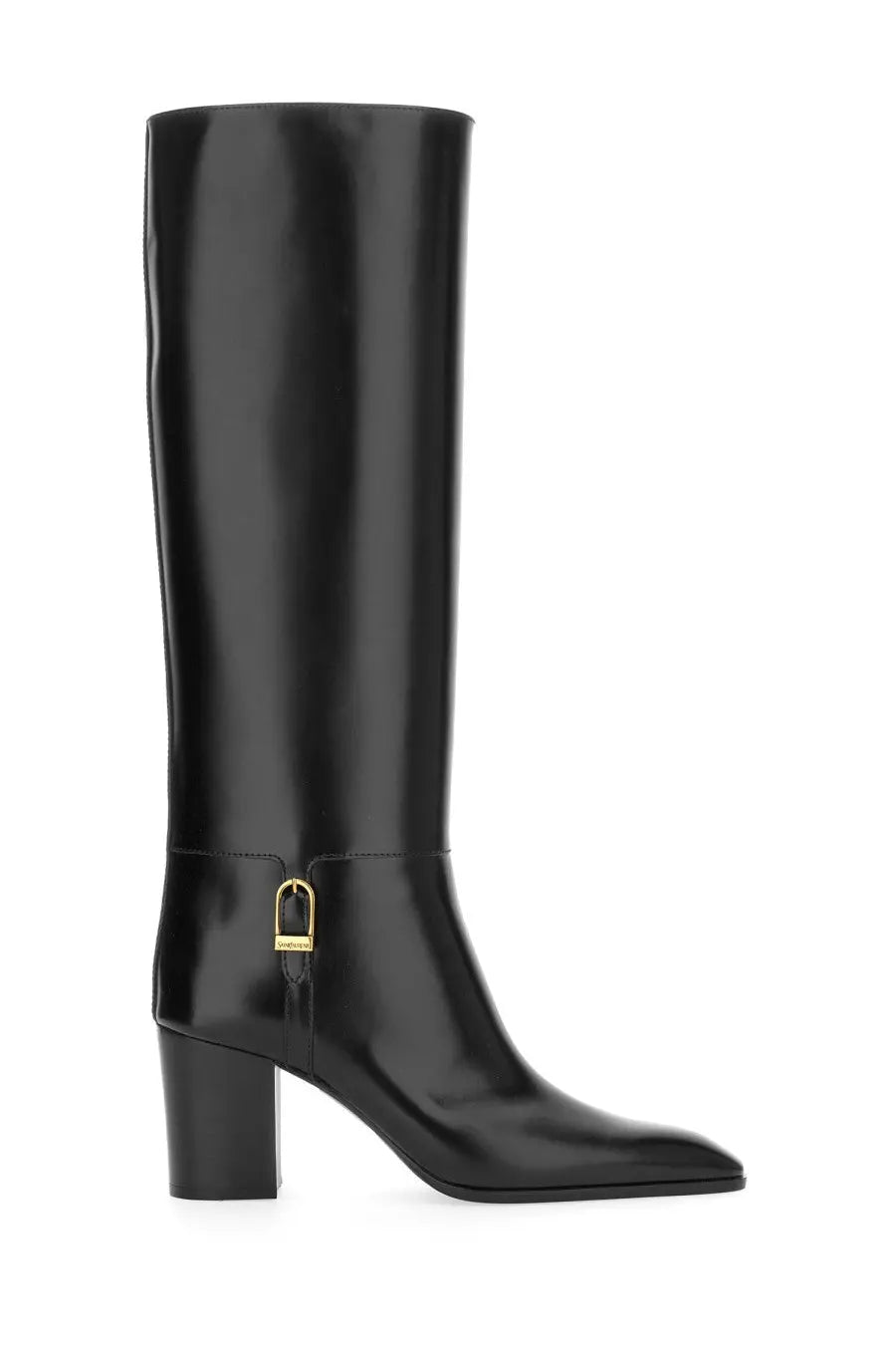 Saint Laurent women’s boot Julia black knee-high patent leather with gold-tone buckle detail