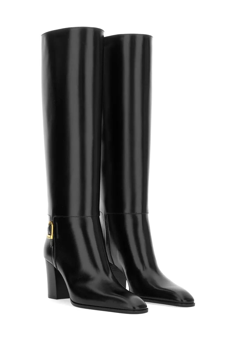 Saint Laurent women’s boot Julia black knee-high patent leather with gold-tone buckle at the ankle