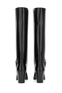Saint Laurent women’s boot Julia black knee-high black patent leather boots with gold-tone buckle details