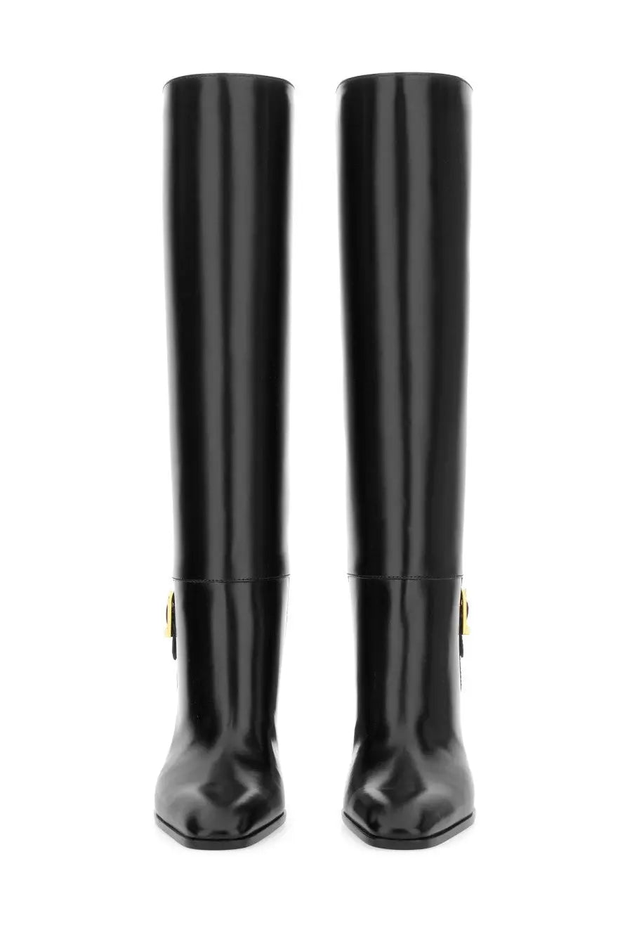 Saint Laurent women’s boot Julia black knee-high black patent leather with gold-tone buckle details
