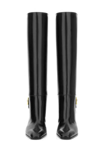 Saint Laurent women’s boot Julia black knee-high black patent leather with gold-tone buckle details