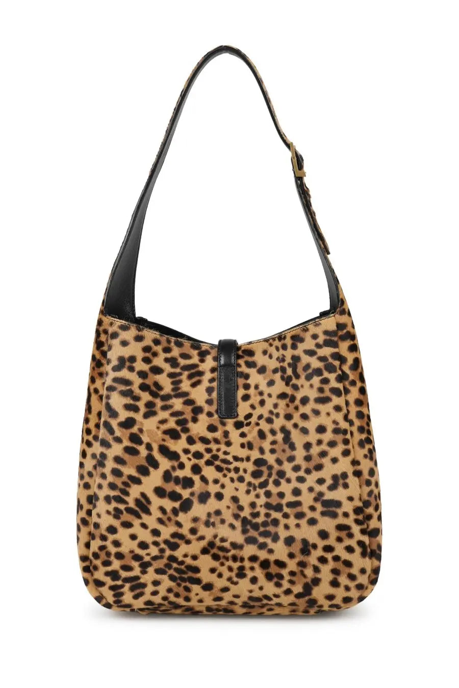 Saint Laurent women’s borsa le à leopard print suede shoulder bag with black leather straps and buckle closure