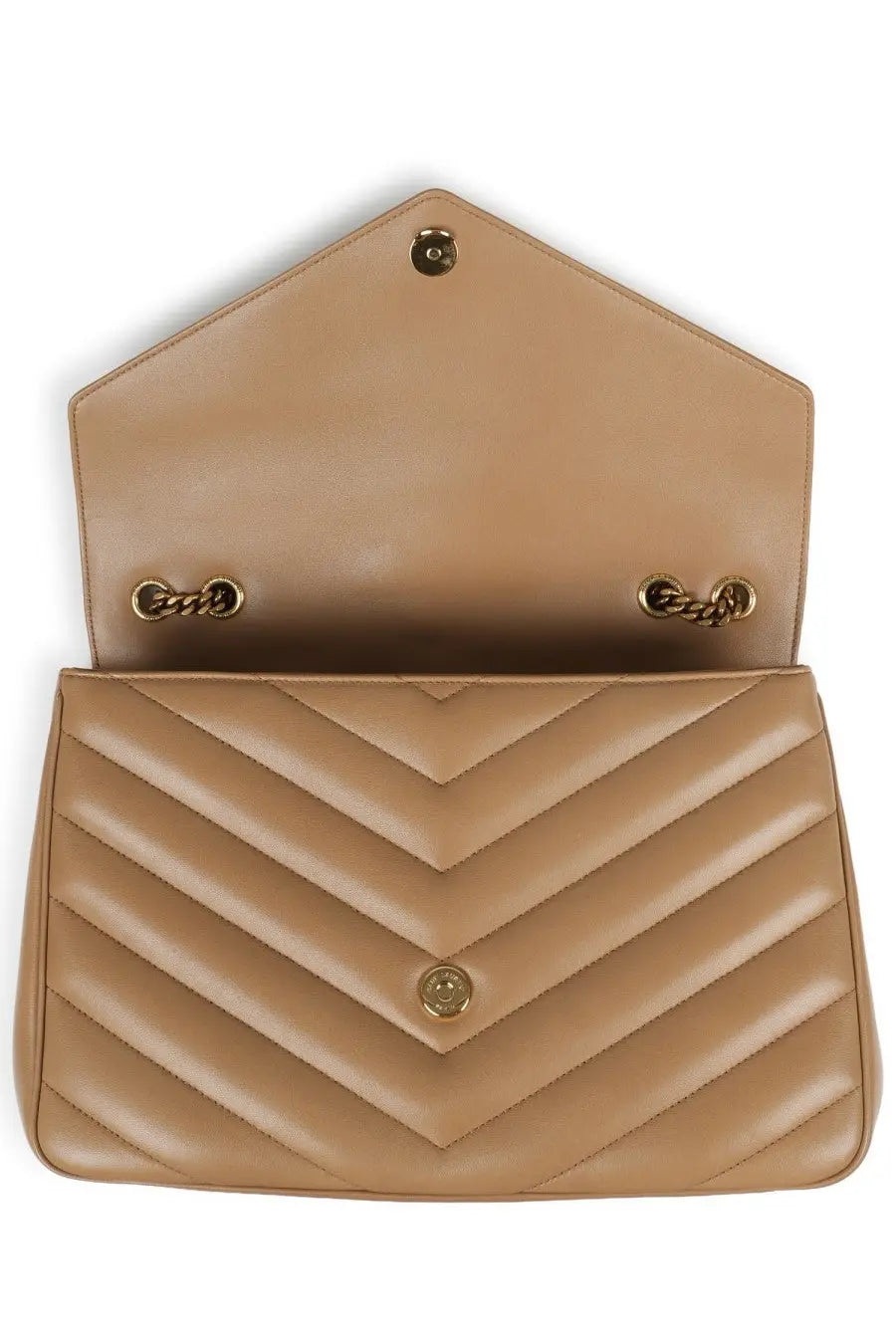 Saint Laurent women’s borsa loulou large beige quilted leather handbag with gold-tone hardware and chevron pattern