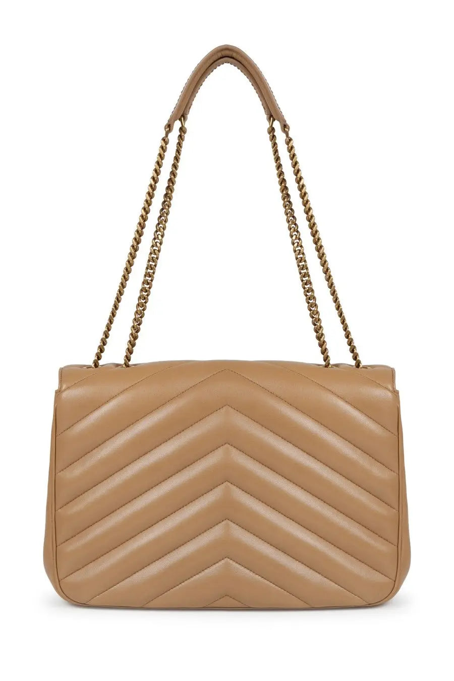 Saint Laurent women’s borsa loulou large beige tan quilted leather handbag with gold-tone chain straps