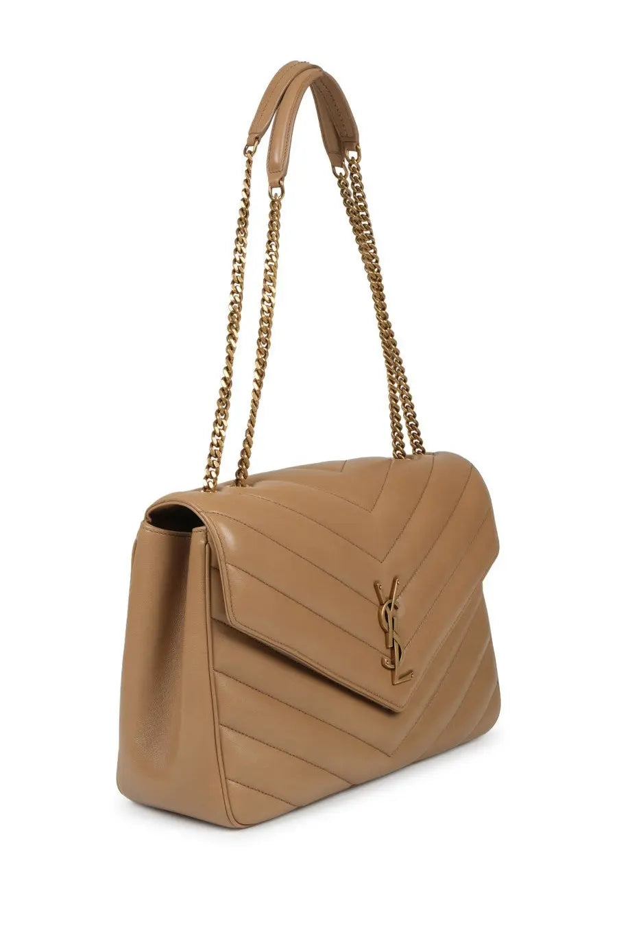 Saint Laurent women’s borsa loulou large beige tan quilted leather handbag with gold-tone chain strap and ysl logo