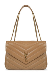 Saint Laurent women’s Borsa Loulou large tan quilted leather handbag with gold-tone chain straps and ysl logo