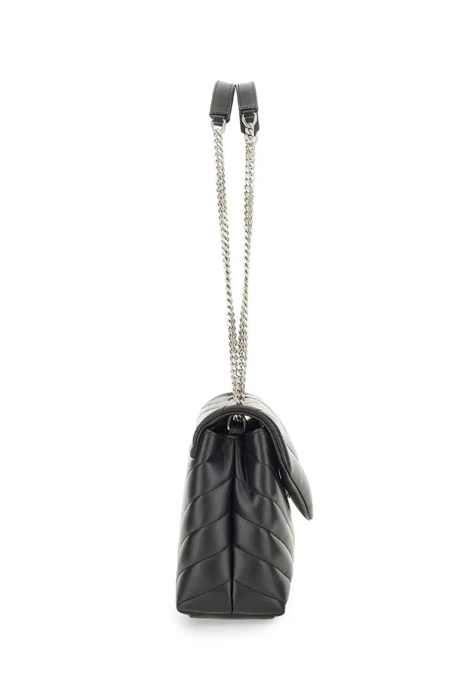Saint Laurent women’s borsa loulou small black quilted leather handbag with silver chain strap