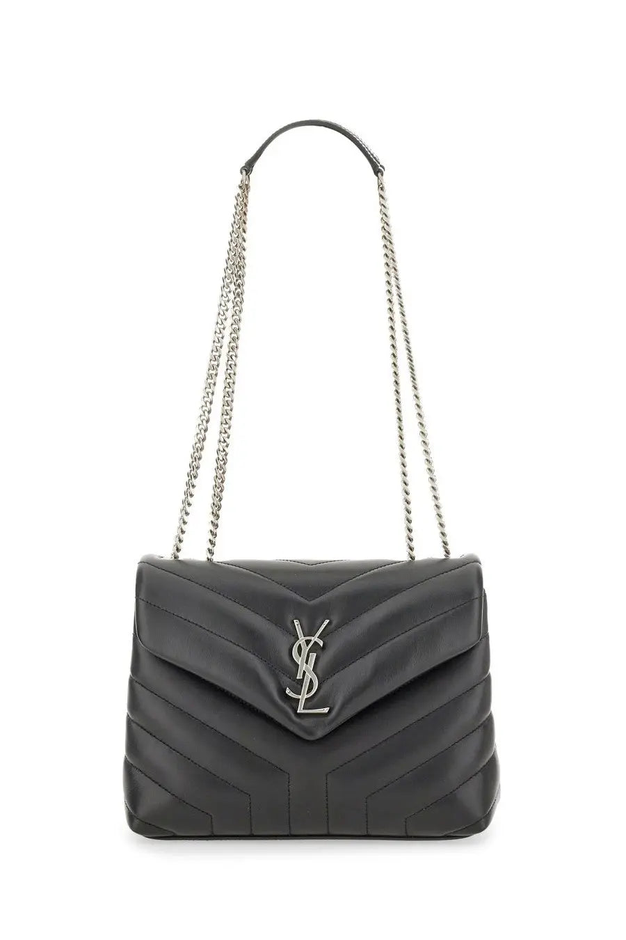 Saint Laurent women’s borsa loulou small black quilted leather handbag with silver-tone chain strap and logo clasp