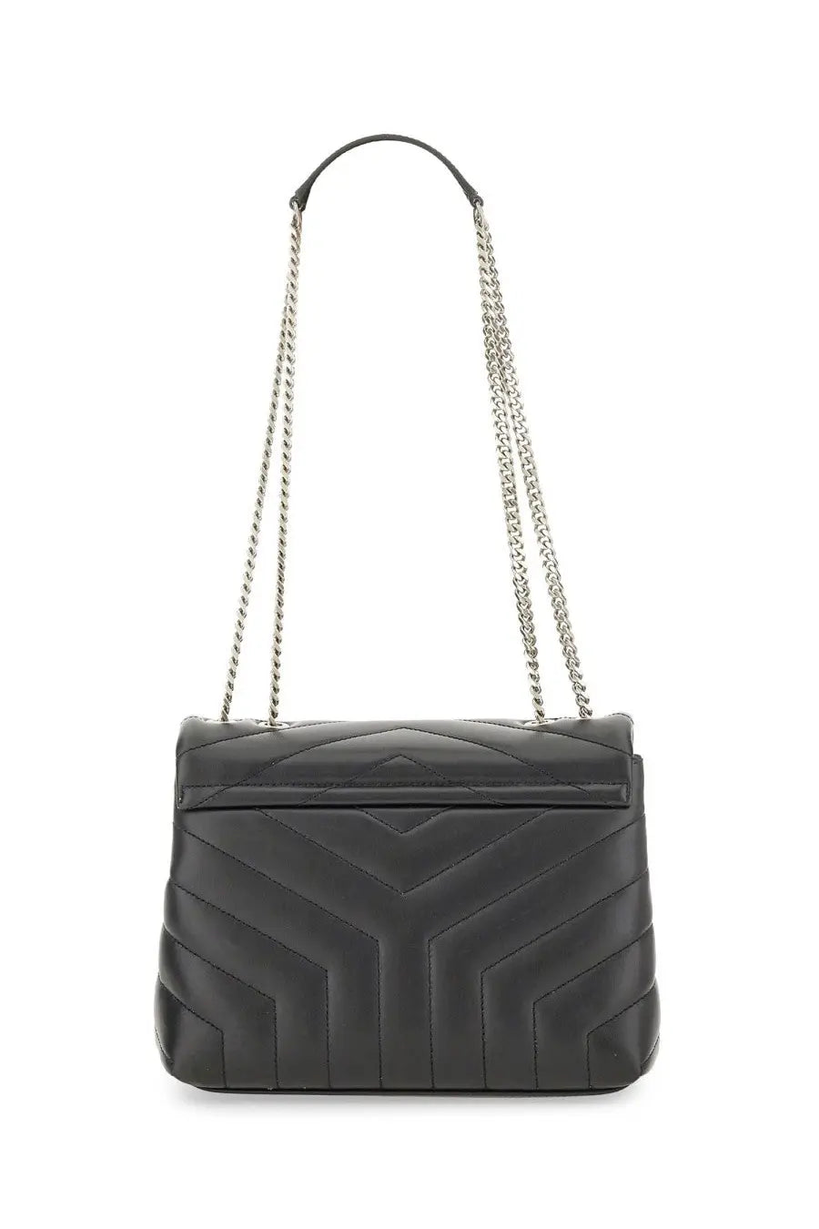 Saint Laurent women’s Borsa Loulou small black quilted leather handbag with silver chain strap