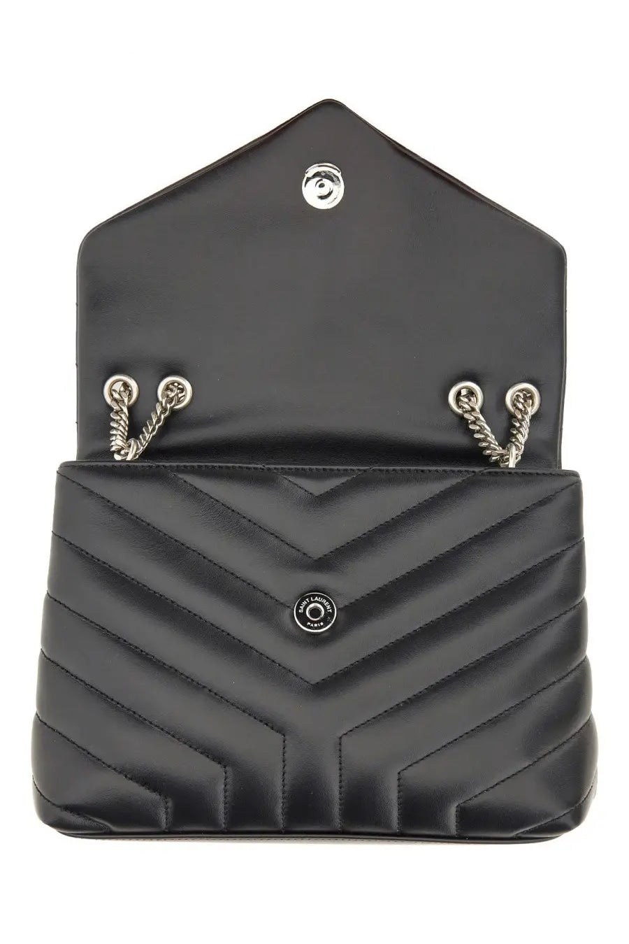 Saint Laurent women’s borsa loulou small black quilted leather handbag with silver chain straps and circular logo plaque