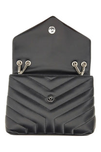 Saint Laurent women’s borsa loulou small black quilted leather handbag with silver chain straps and circular logo plaque