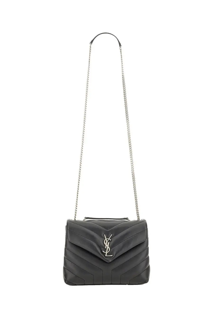 Saint Laurent women’s borsa loulou small black black quilted leather mini shoulder bag with silver chain strap and logo clasp