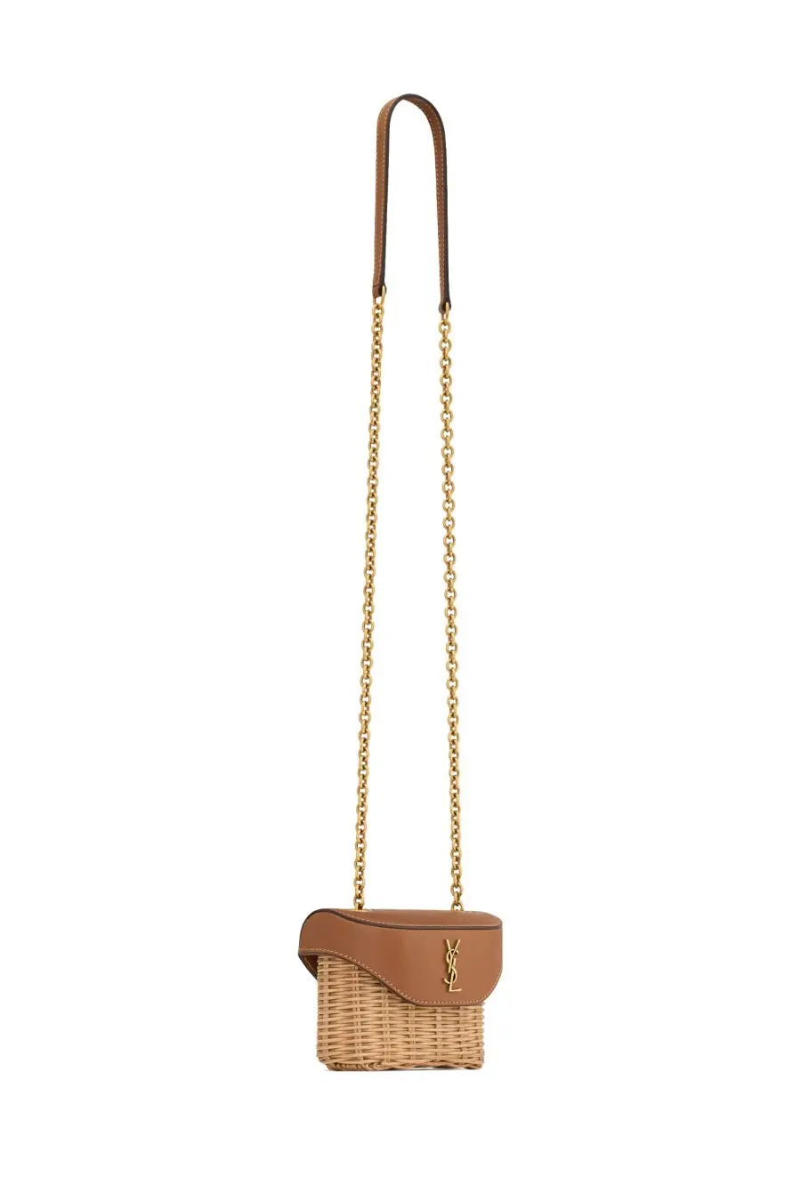 Saint Laurent women’s box june micro bag beige tan woven basket with brown leather flap and gold-tone chain strap