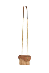 Saint Laurent women’s box june micro bag beige tan woven basket with brown leather flap and gold-tone chain strap
