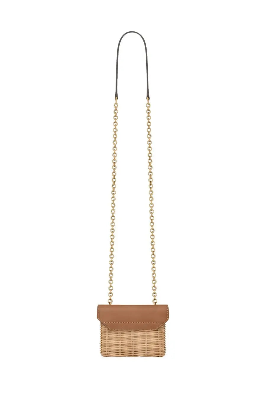 Saint Laurent women’s box June micro bag beige tan woven wicker with leather flap and gold-tone chain crossbody strap