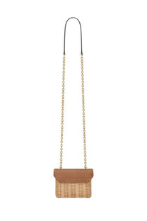 Saint Laurent women’s box June micro bag beige tan woven wicker with leather flap and gold-tone chain crossbody strap