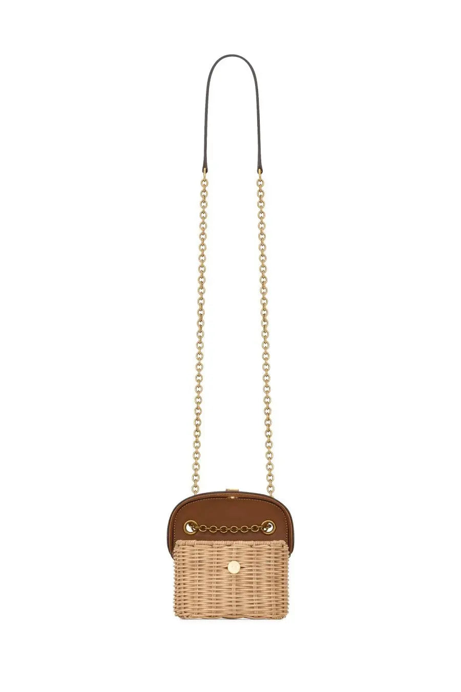 Saint Laurent women’s box june micro bag beige woven wicker crossbody bag with brown leather top and gold-tone hardware