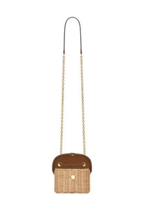 Saint Laurent women’s box june micro bag beige woven wicker crossbody bag with brown leather top and gold-tone hardware
