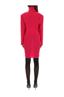 Saint Laurent women’s boxy dress pink featuring a vibrant fuchsia high neck coat with long sleeves and tailored fit