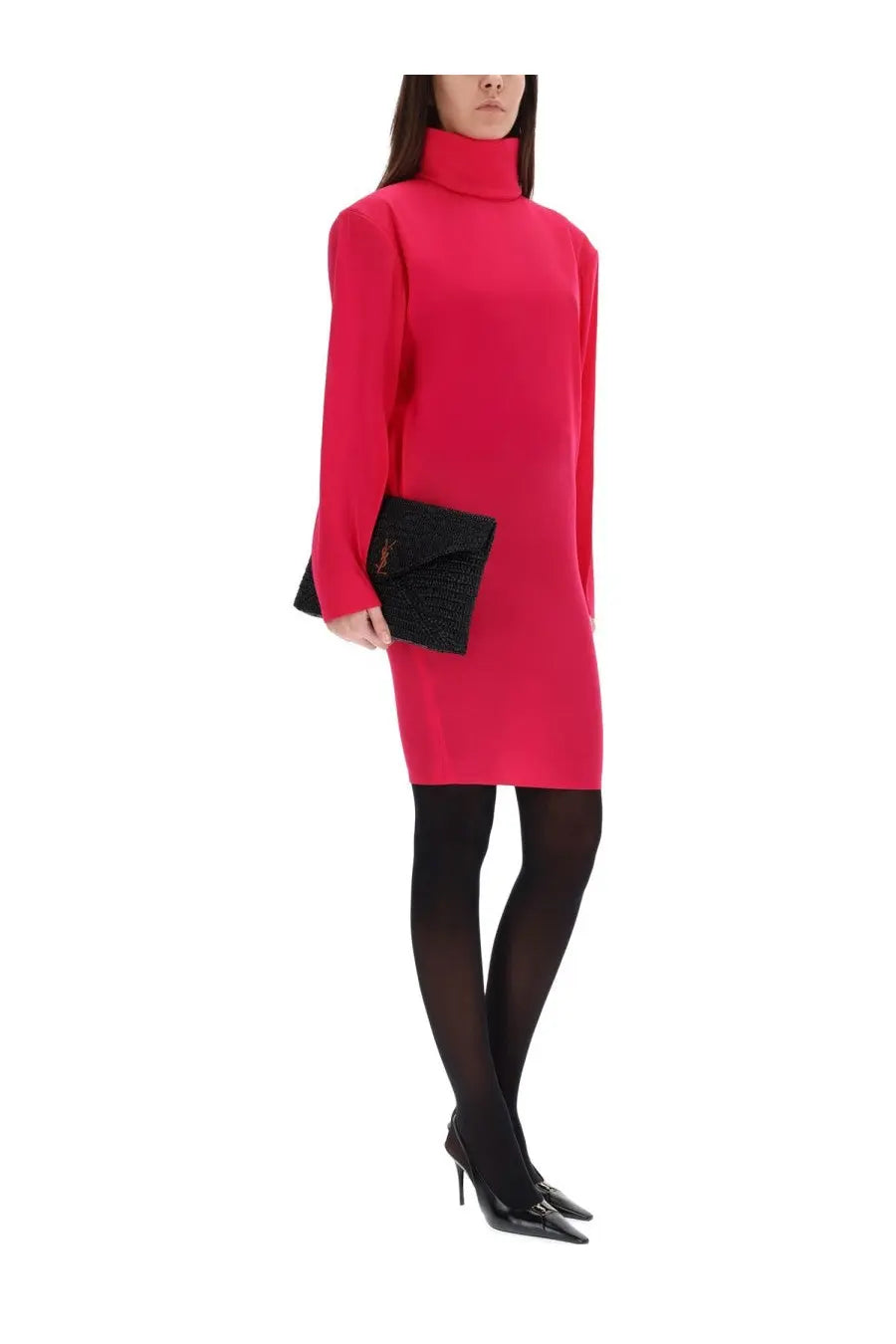 Saint Laurent women’s boxy dress in vibrant fuchsia with long sleeves and fitted silhouette perfect for stylish occasions
