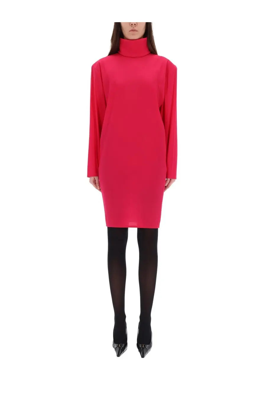 Saint Laurent women’s boxy dress pink in vibrant red high-necked midi style with long sleeves and minimalist design