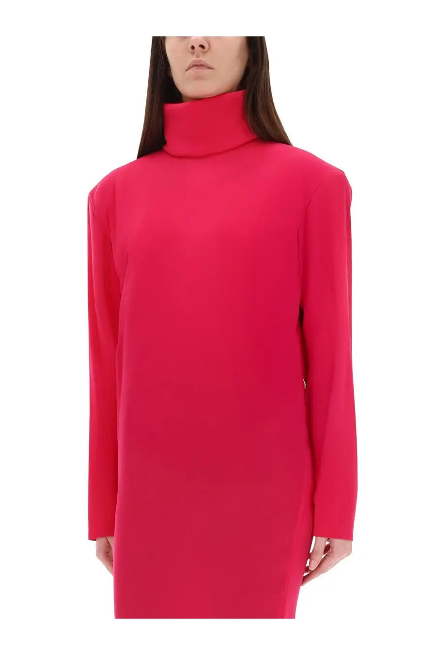 Saint Laurent women’s boxy dress in vibrant red long-sleeved turtleneck with sleek minimalist design
