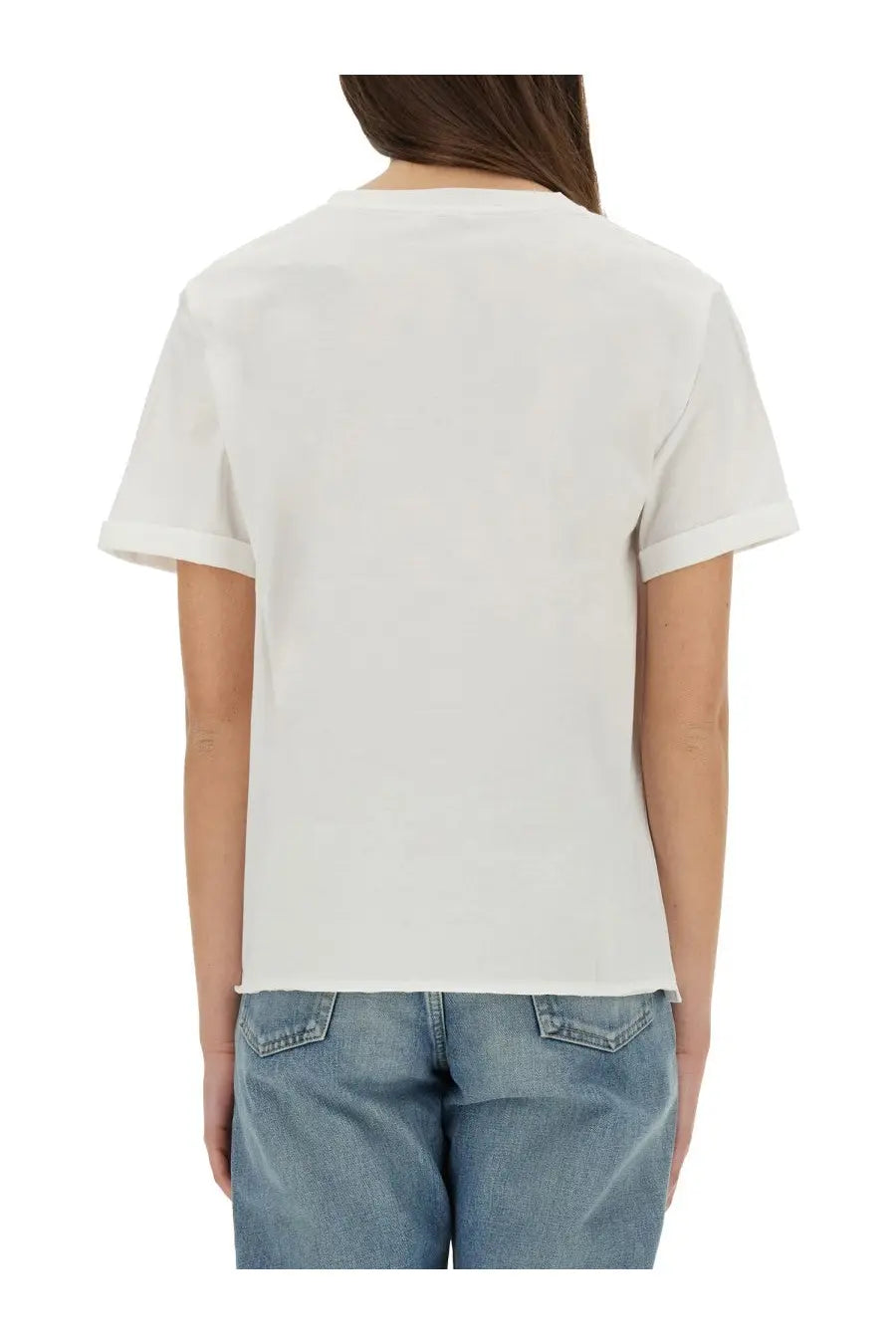 Saint Laurent women’s boyfriend shirt white cotton t-shirt with simple crew neck and short sleeves front view