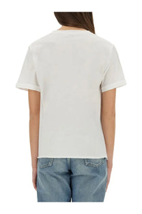 Saint Laurent women’s boyfriend shirt white cotton t-shirt with simple crew neck and short sleeves front view