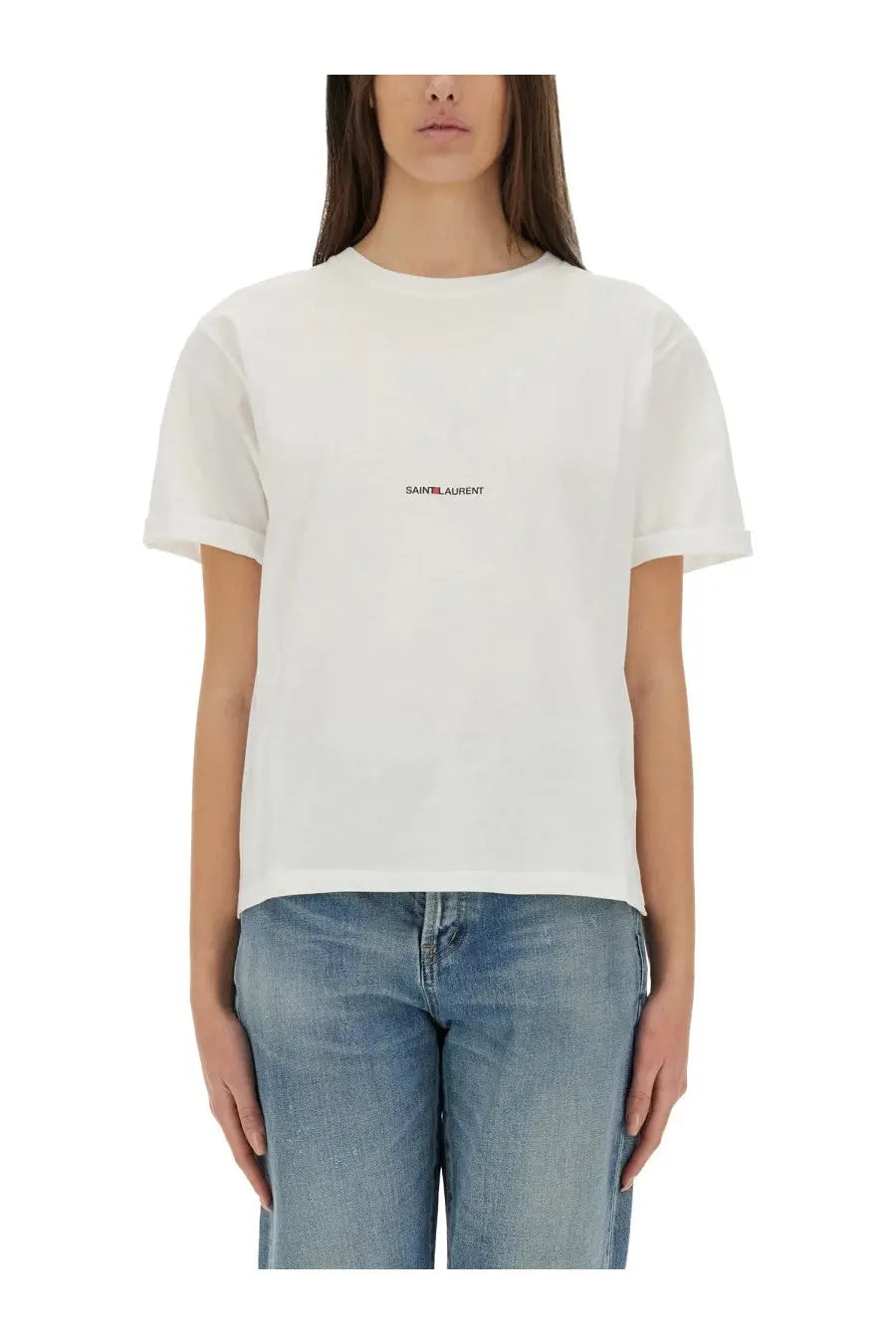Saint Laurent women’s boyfriend shirt white with a small minimalist red and black embroidered logo on the chest