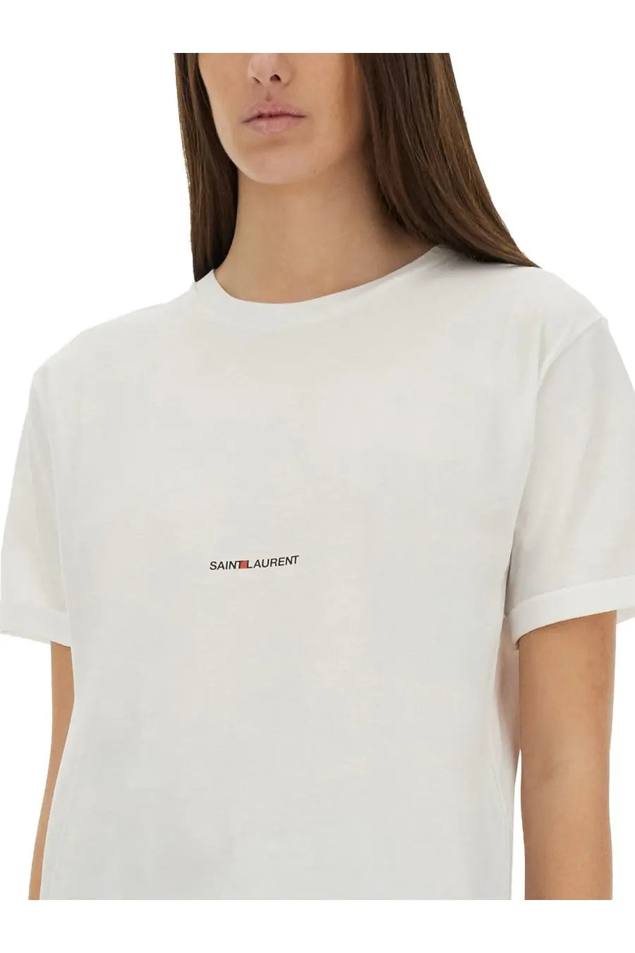 Saint Laurent women’s boyfriend shirt white with minimalist black and red logo embroidery on cotton fabric